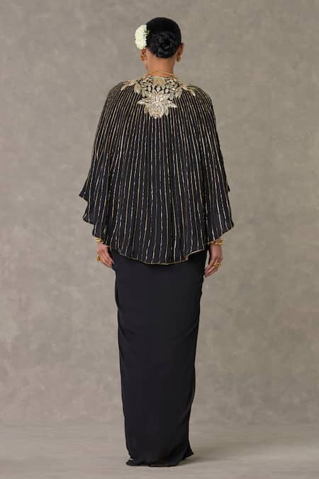 Shop_Masaba_Black Georgette Embroidery, Sequins Open Neel Kamal Embellished Cape Skirt Set _at_Aza_Fashions
