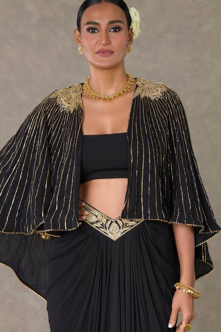 Masaba_Black Georgette Embroidery, Sequins Open Neel Kamal Embellished Cape Skirt Set _Online_at_Aza_Fashions