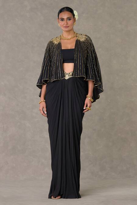 Buy_Masaba_Black Georgette Embroidery, Sequins Open Neel Kamal Embellished Cape Skirt Set _Online_at_Aza_Fashions