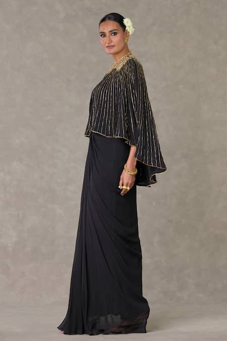 Shop_Masaba_Black Georgette Embroidery, Sequins Open Neel Kamal Embellished Cape Skirt Set _Online_at_Aza_Fashions