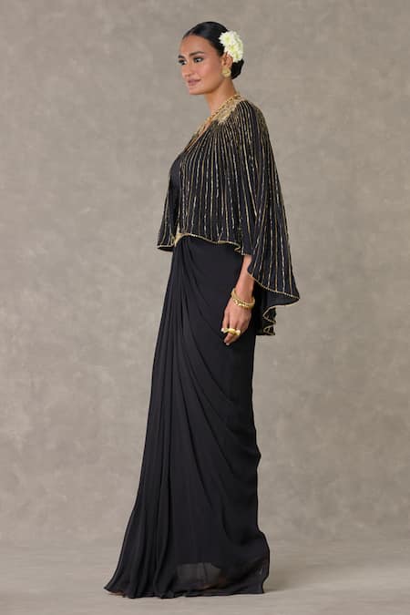 Masaba_Black Georgette Embroidery, Sequins Open Neel Kamal Embellished Cape Skirt Set _at_Aza_Fashions