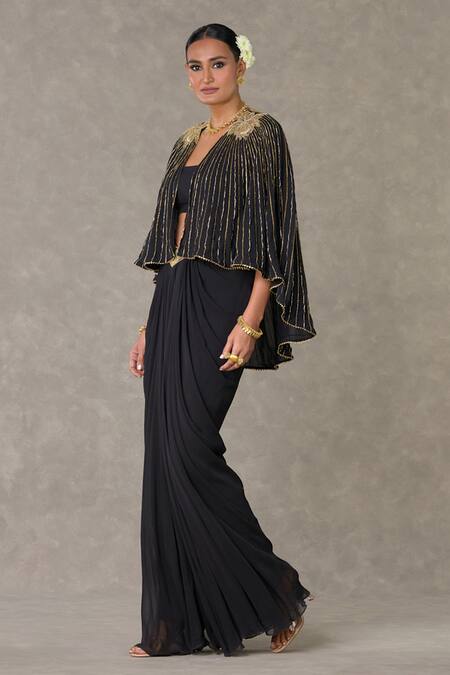 Buy_Masaba_Black Georgette Embroidery, Sequins Open Neel Kamal Embellished Cape Skirt Set 