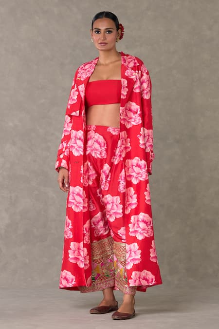 Masaba Red Trench Coat And Salwar- Raw Silk Print Nurvi Notch Collar Jacket Set 