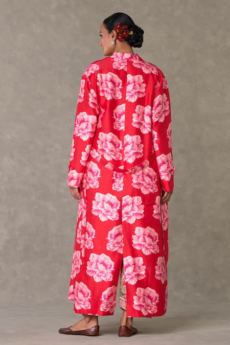 Shop Masaba Red Silk, , Satin Embroidery Nurvi Print Trench Jacket Salwar Set at Aza Fashions Shop_Masaba_Red Silk, , Satin Embroidery Nurvi Print Trench Jacket Salwar Set_at_Aza_Fashions