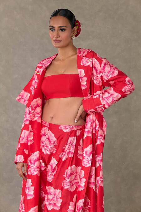 Masaba Red Silk, , Satin Embroidery Nurvi Print Trench Jacket Salwar Set Online at Aza Fashions Masaba_Red Silk, , Satin Embroidery Nurvi Print Trench Jacket Salwar Set_Online_at_Aza_Fashions