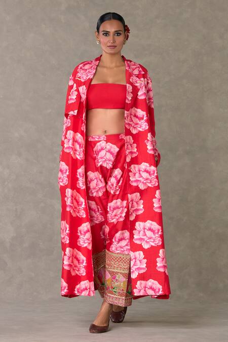 Shop Masaba Red Silk, , Satin Embroidery Nurvi Print Trench Jacket Salwar Set Online at Aza Fashions Shop_Masaba_Red Silk, , Satin Embroidery Nurvi Print Trench Jacket Salwar Set_Online_at_Aza_Fashions