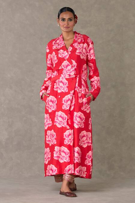 Masaba Red Silk, , Satin Embroidery Nurvi Print Trench Jacket Salwar Set at Aza Fashions Masaba_Red Silk, , Satin Embroidery Nurvi Print Trench Jacket Salwar Set_at_Aza_Fashions