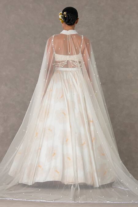 Shop_Masaba_Ivory Silk, Taffeta Pearls Sweetheart Neck Nurvi Floral Print Skirt Cape Set_at_Aza_Fashions