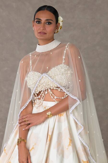 Masaba_Ivory Silk, Taffeta Pearls Sweetheart Neck Nurvi Floral Print Skirt Cape Set_Online_at_Aza_Fashions