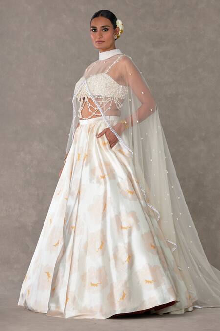 Buy_Masaba_Ivory Silk, Taffeta Pearls Sweetheart Neck Nurvi Floral Print Skirt Cape Set_Online_at_Aza_Fashions