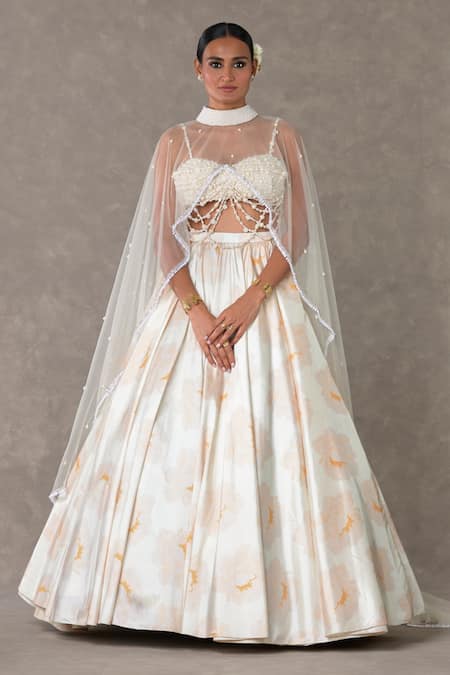 Shop_Masaba_Ivory Silk, Taffeta Pearls Sweetheart Neck Nurvi Floral Print Skirt Cape Set_Online_at_Aza_Fashions