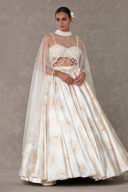 Masaba_Ivory Silk, Taffeta Pearls Sweetheart Neck Nurvi Floral Print Skirt Cape Set_at_Aza_Fashions