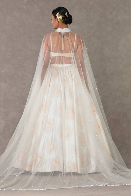 Shop_Masaba_Ivory Silk, Satin, Taffeta Pearls, Beads Nurvi Floral Print Flared Skirt Set_at_Aza_Fashions