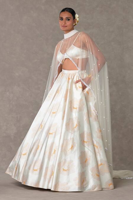 Masaba_Ivory Silk, Satin, Taffeta Pearls, Beads Nurvi Floral Print Flared Skirt Set_Online_at_Aza_Fashions