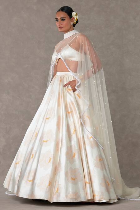Buy_Masaba_Ivory Silk, Satin, Taffeta Pearls, Beads Nurvi Floral Print Flared Skirt Set_Online_at_Aza_Fashions