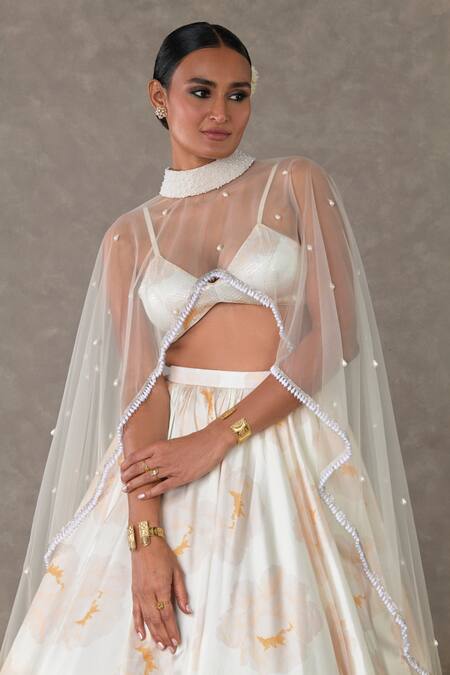 Shop_Masaba_Ivory Silk, Satin, Taffeta Pearls, Beads Nurvi Floral Print Flared Skirt Set_Online_at_Aza_Fashions