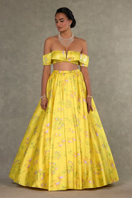 Masaba Yellow Skirt Taffeta Printed And Embroidered Bloom & Juhi & Bustier Set