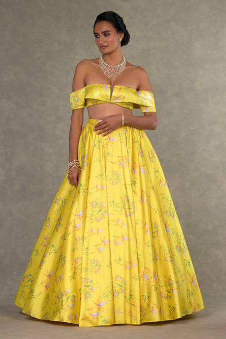 Masaba_Yellow Satin, Organza, Taffeta Sequins Juhi Bloom Print Skirt And Bustier Set_Online_at_Aza_Fashions