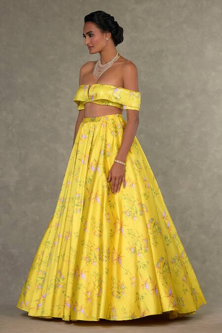 Buy_Masaba_Yellow Satin, Organza, Taffeta Sequins Juhi Bloom Print Skirt And Bustier Set_Online_at_Aza_Fashions