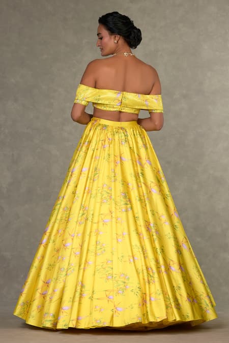 Shop_Masaba_Yellow Satin, Organza, Taffeta Sequins Juhi Bloom Print Skirt And Bustier Set_Online_at_Aza_Fashions