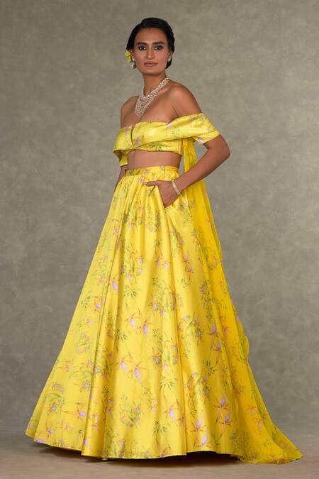 Masaba_Yellow Satin, Organza, Taffeta Sequins Juhi Bloom Print Skirt And Bustier Set_at_Aza_Fashions