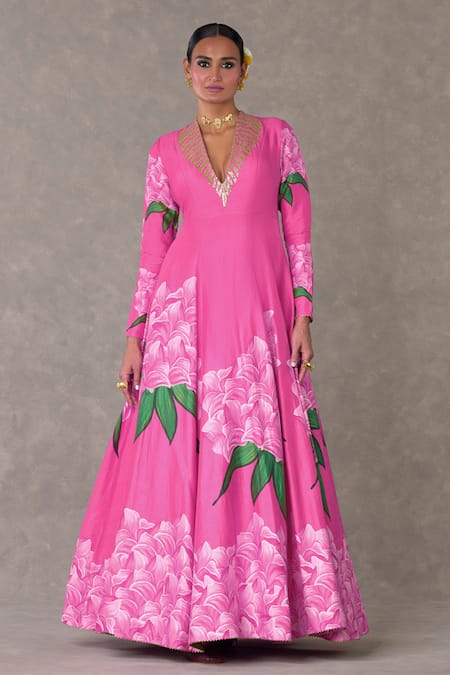 Masaba Pink Raw Silk Printed And Embroidered Floral V Candy Swirl Flared Gown