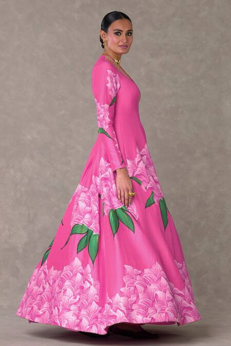 Masaba Pink Silk Embroidery, Gota Patti, Sequins Candy Swirl Floral Print Flared Gown Online at Aza Fashions Masaba_Pink Silk Embroidery, Gota Patti, Sequins Candy Swirl Floral Print Flared Gown_Online_at_Aza_Fashions
