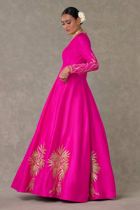 Masaba Pink Silk Gota Patti V-neck Shajara Dori Embellished Flared Gown Online at Aza Fashions Masaba_Pink Silk Gota Patti V-neck Shajara Dori Embellished Flared Gown_Online_at_Aza_Fashions