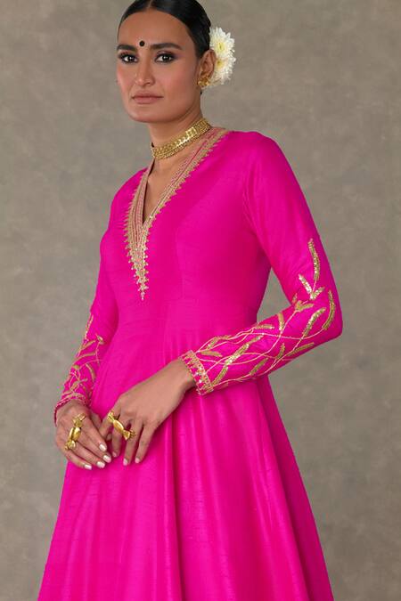Shop Masaba Pink Silk Gota Patti V-neck Shajara Dori Embellished Flared Gown Online at Aza Fashions Shop_Masaba_Pink Silk Gota Patti V-neck Shajara Dori Embellished Flared Gown_Online_at_Aza_Fashions