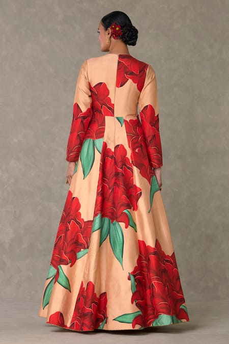 Shop_Masaba_Peach Silk Embroidery, Sequins V-neck Candy Swirl Bloom Print Flared Gown_at_Aza_Fashions