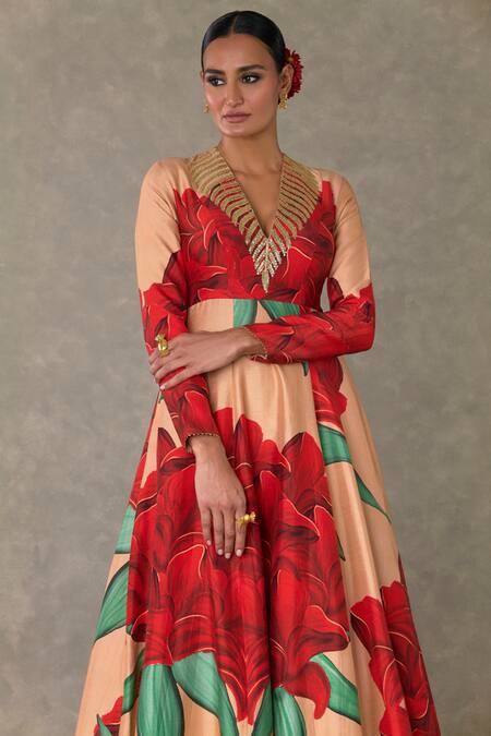 Masaba_Peach Silk Embroidery, Sequins V-neck Candy Swirl Bloom Print Flared Gown_Online_at_Aza_Fashions