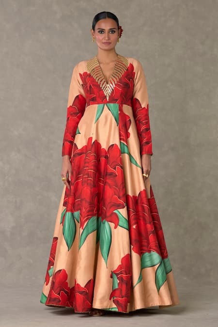 Buy_Masaba_Peach Silk Embroidery, Sequins V-neck Candy Swirl Bloom Print Flared Gown_Online_at_Aza_Fashions