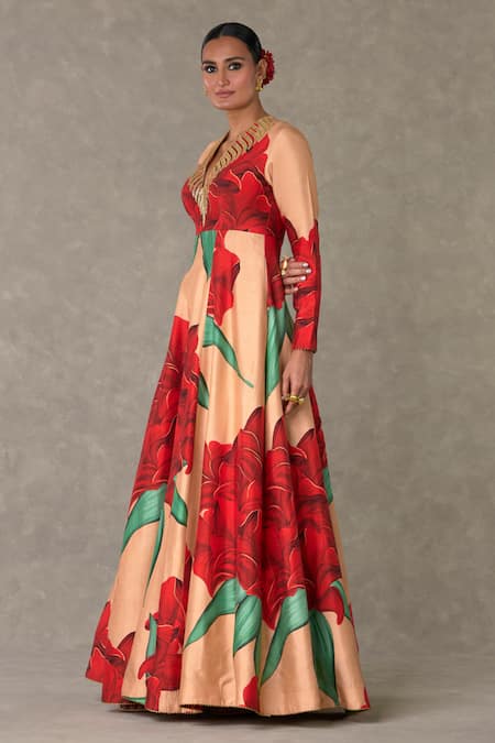 Shop_Masaba_Peach Silk Embroidery, Sequins V-neck Candy Swirl Bloom Print Flared Gown_Online_at_Aza_Fashions