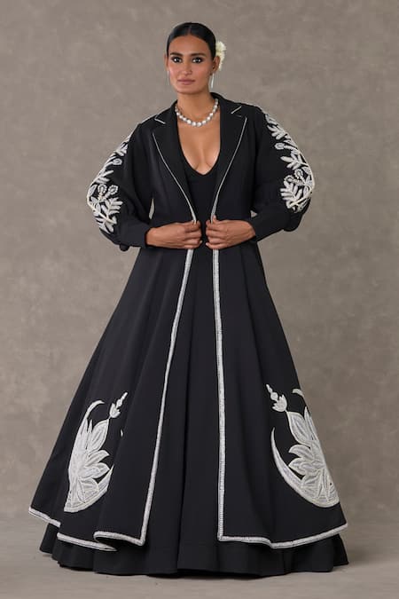 Masaba Black Textured Knit Embellished Dori Jacket Chand Applique Work And Gown Set 