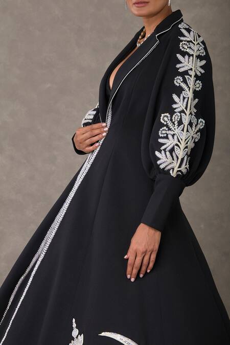 Shop Masaba Black Silk, Cotton, Kota Doria Diamonds, Chand Applique Work Jacket And Gown Set Online at Aza Fashions Shop_Masaba_Black Silk, Cotton, Kota Doria Diamonds, Chand Applique Work Jacket And Gown Set_Online_at_Aza_Fashions