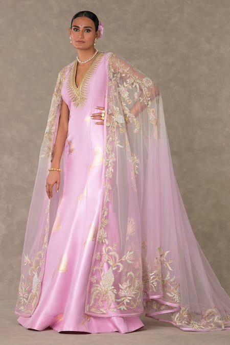 Masaba_Pink Gown Dupion Silk Printed And Embroidered Bird Foil Son Chidiya With Trail_at_Aza_Fashions