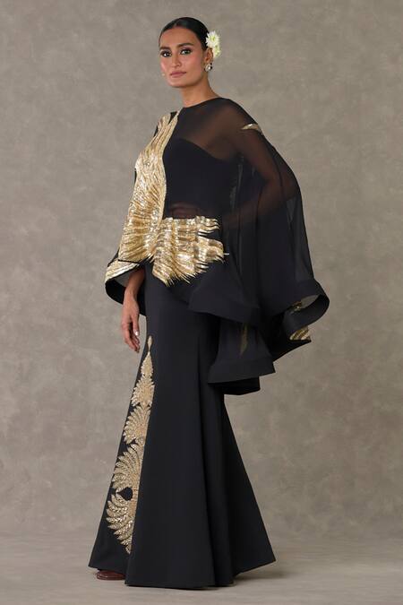 Shop_Masaba_Black Georgette, Silk Pearls, Beads Son Chidiya Embroidered Gown And Cape Set _Online_at_Aza_Fashions
