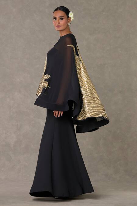 Masaba_Black Georgette, Silk Pearls, Beads Son Chidiya Embroidered Gown And Cape Set _at_Aza_Fashions