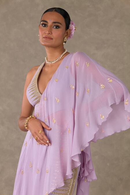 Masaba_Purple Georgette Sequins Trikone Dori Embroidered Saree Gown_Online_at_Aza_Fashions