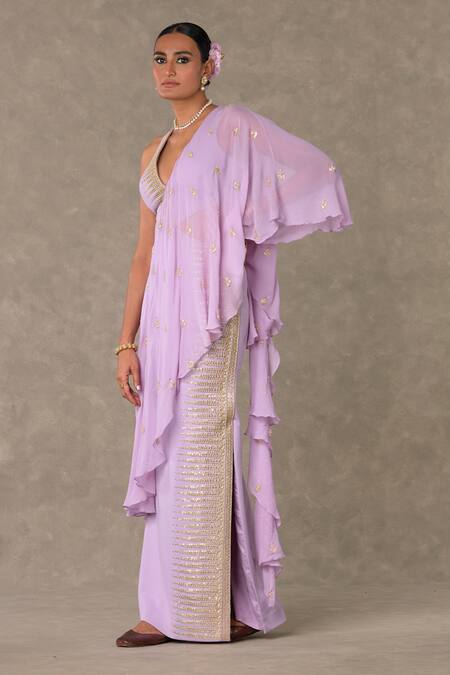 Buy_Masaba_Purple Georgette Sequins Trikone Dori Embroidered Saree Gown_Online_at_Aza_Fashions