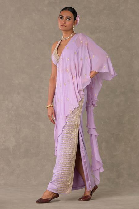 Shop_Masaba_Purple Georgette Sequins Trikone Dori Embroidered Saree Gown_Online_at_Aza_Fashions