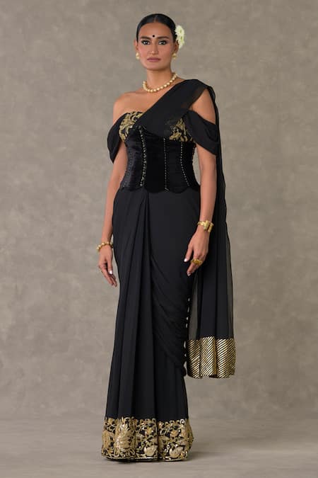 Masaba Black Saree Georgette Embroidered Dori And Sequin Neel Kamal Pre-stitched Set 