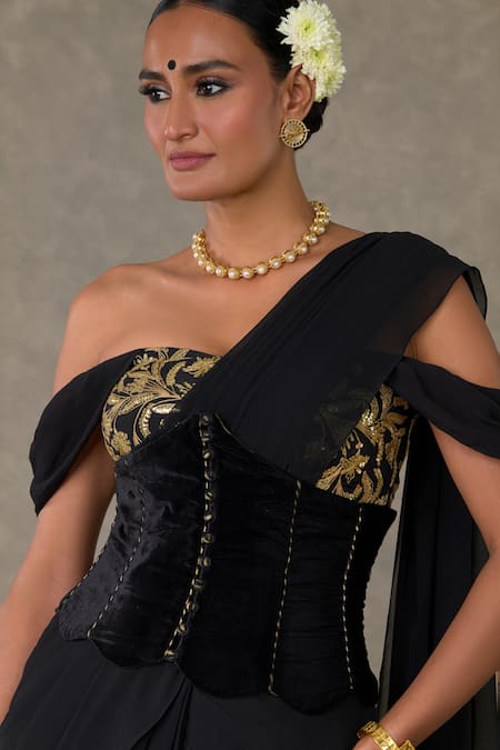 Masaba_Black Georgette, Silk, Velvet Sequins, Neel Kamal Pre-stitched Saree Set_Online_at_Aza_Fashions