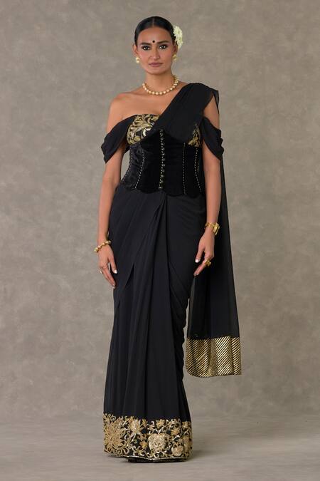 Buy_Masaba_Black Georgette, Silk, Velvet Sequins, Neel Kamal Pre-stitched Saree Set_Online_at_Aza_Fashions