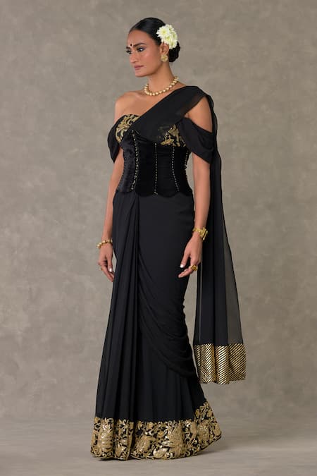 Shop_Masaba_Black Georgette, Silk, Velvet Sequins, Neel Kamal Pre-stitched Saree Set_Online_at_Aza_Fashions