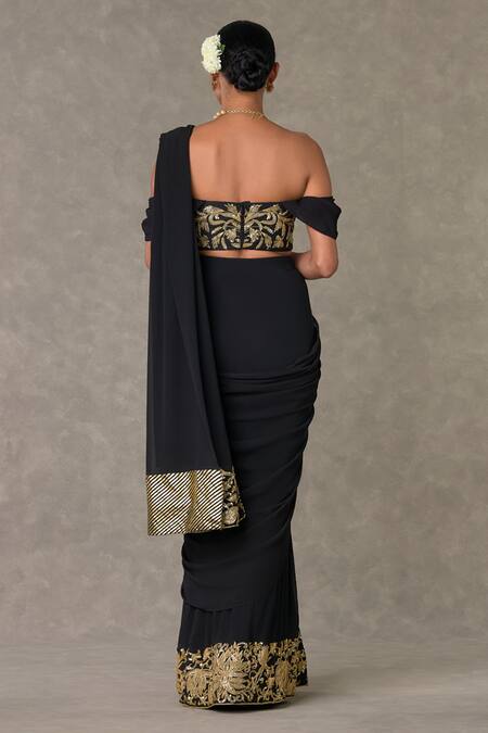 Shop Masaba Black Georgette, Silk Neel Kamal Embroidered Pre-stitched Saree With Blouse at Aza Fashions Shop_Masaba_Black Georgette, Silk Neel Kamal Embroidered Pre-stitched Saree With Blouse_at_Aza_Fashions