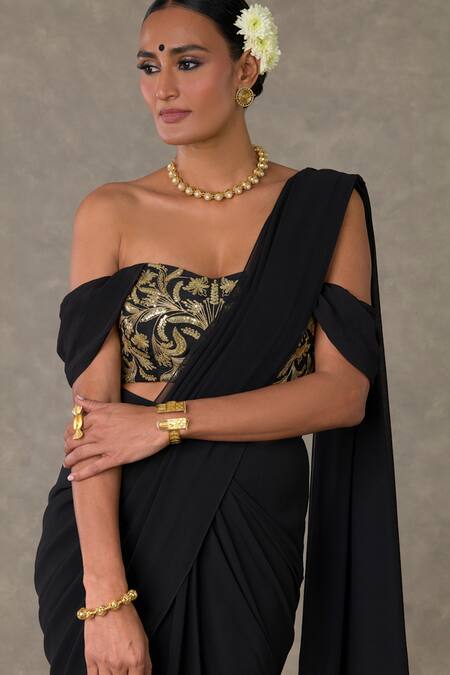 Masaba Black Georgette, Silk Neel Kamal Embroidered Pre-stitched Saree With Blouse Online at Aza Fashions Masaba_Black Georgette, Silk Neel Kamal Embroidered Pre-stitched Saree With Blouse_Online_at_Aza_Fashions