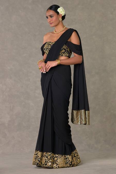 Shop Masaba Black Georgette, Silk Neel Kamal Embroidered Pre-stitched Saree With Blouse Online at Aza Fashions Shop_Masaba_Black Georgette, Silk Neel Kamal Embroidered Pre-stitched Saree With Blouse_Online_at_Aza_Fashions