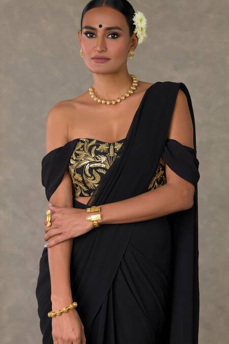 Buy Masaba Black Georgette, Silk Neel Kamal Embroidered Pre-stitched Saree With Blouse Buy_Masaba_Black Georgette, Silk Neel Kamal Embroidered Pre-stitched Saree With Blouse