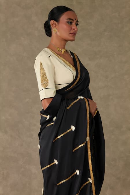 Masaba Black Organza, Cotton, Linen Gota Embroidered Saree With Unstitched Blouse Piece Online at Aza Fashions Masaba_Black Organza, Cotton, Linen Gota Embroidered Saree With Unstitched Blouse Piece_Online_at_Aza_Fashions